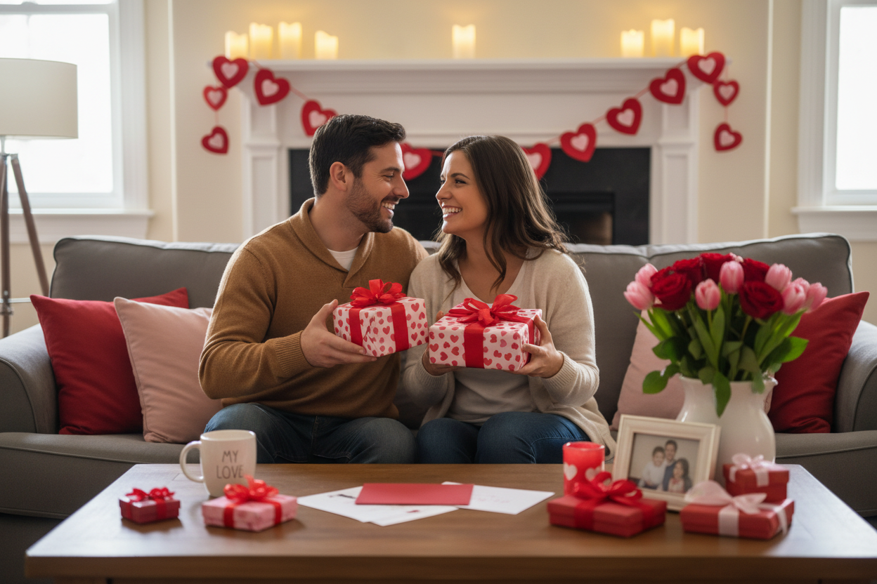 A family friendly valentines day image with husband and wife celebrating valentines day and gifts they've given eachother