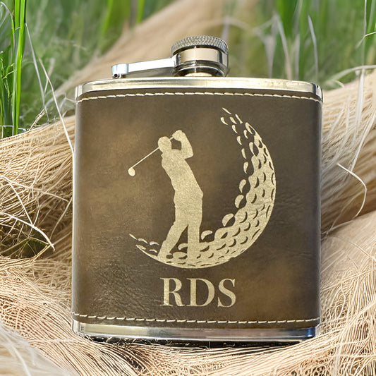 Golf Flask Personalized Custom Engraved, Golfers' Gift, Gifts for Men & Women - Cruelty-Free Leatherette 6oz, Bachelor Party Gift, 17 Colors