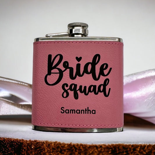 Bride Squad Flask Personalized, Bridal Party Gift - Cruelty-Free Leatherette 6oz, Bachelorette Party Gift, 17 Colors